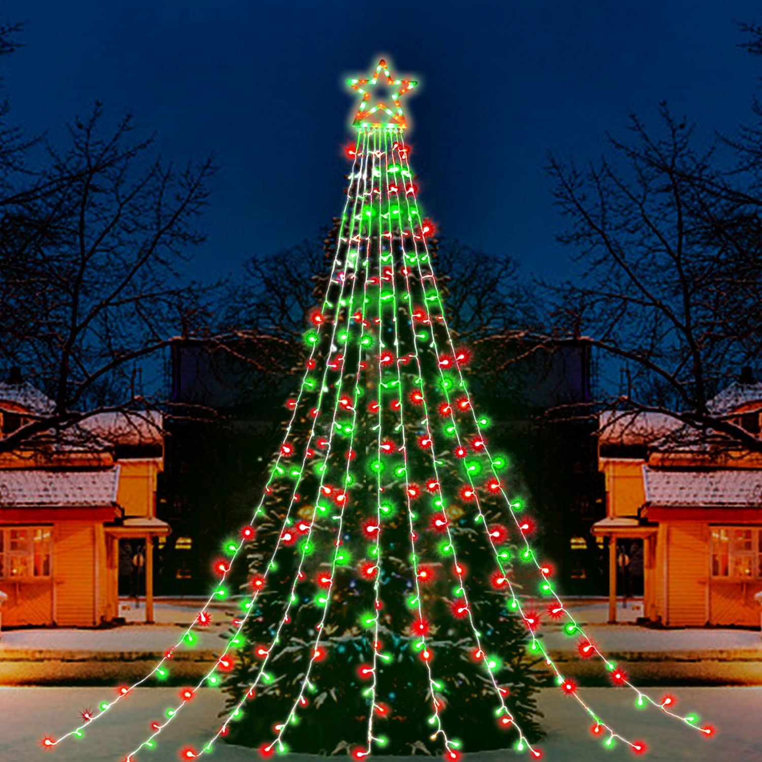 PUHONG Christmas Decoration Outdoor Star String Lights, 16.4Ft Christmas Tree Toppers Lights 320 LED 8 Modes with 12" Lighted Star for Halloween Christmas New Year Holiday Birthday (Multicolored)